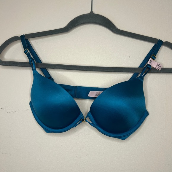 Victoria's Secret Bombshell Push Up Bra Teal Satin Plunge 30B - Picture 2 of 8